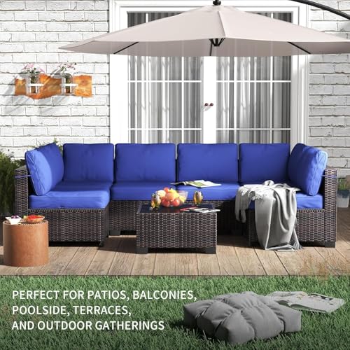 TrailBlaze 7-Piece Outdoor Patio Sectional Sofa Set - All-Weather PE Rattan Wicker Conversation Furniture with Thick Navy Blue Cushions & Glass Top Coffee Table - for Garden, Balcony, Porch - Brown