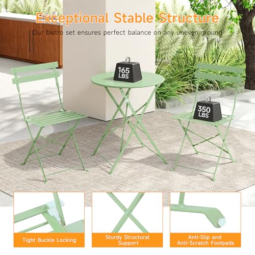 Bistro Table and Chairs set of 2, 3 Piece Folding Outdoor Patio Bistro Set with Comfortable Cushions, Weather-Resistant Stable Small Patio Furniture Set for Backyard Balcony Porch Coffee Shop, Green