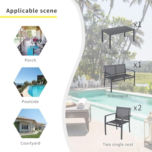Shintenchi 4 Pieces Patio Furniture Set All Weather Textile Fabric Outdoor Conversation Set, with Glass Coffee Table, Loveseat, 2 Single Chairs for Home, Garden, Lawn, Porch（Gray）
