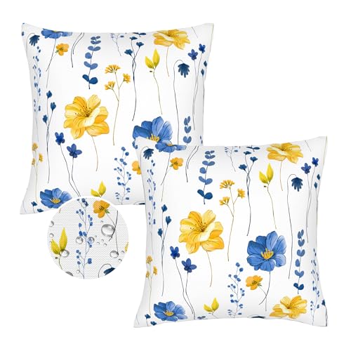 Waiyear Navy Blue Yellow Floral Outdoor Pillow Covers 18x18 Watercolor Flower Decorative Waterproof Throw Pillow Cover for Patio Funiture Garden Bench Balcony Sofa Couch Spring Summer Decor Set of 2