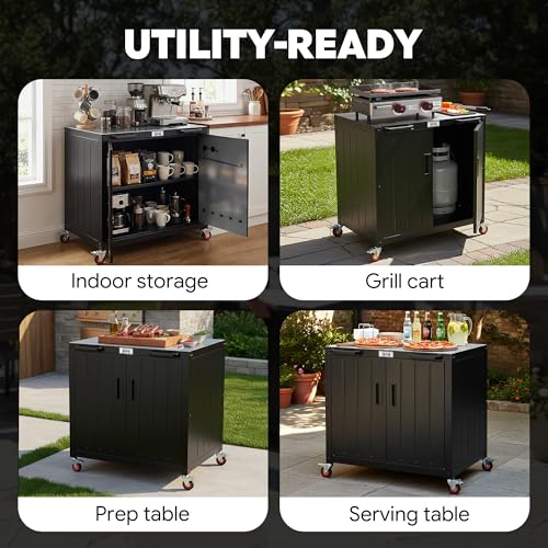 Feasto Outdoor Grill Cart with Storage Cabinet and Stainless Steel Top, 35-Inch Outdoor Grill Station with Door, Modular Kitchen Island for Food Prep and BBQ, Black & Silver
