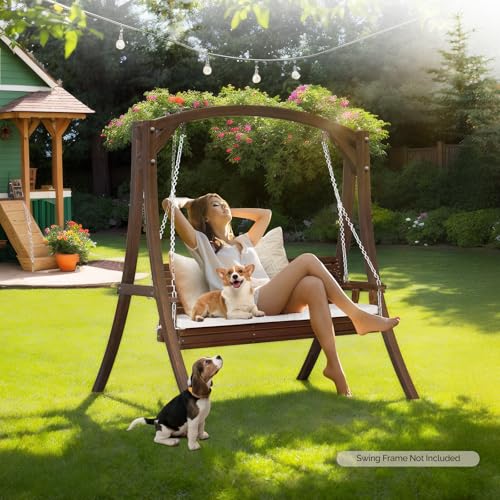 VINGLI Heavy Duty 880 LBS Patio Wooden Porch Swing Outdoor with Extra Cushion, Farmhouse Hanging Bench Tree Swing with Adjustable Chains for Yard | Garden | Lawn | Balcony (5 FT, Rustic)