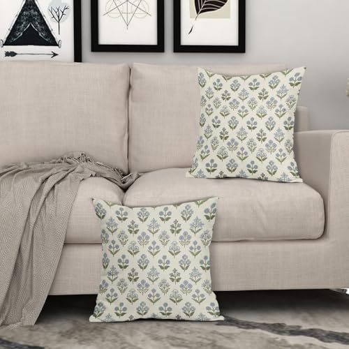 Sivirary Blue Green Block Print Pillow Covers 18x18 Inch Set of 2, Vintage Floral Spring Decorative Throw Pillow Cases Boho Cushion Covers Rustic Decoration Gift Farmhouse Sofa Couch Bed Decor