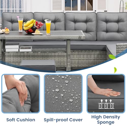 KROFEM 6-Piece Patio Furniture Set, Outdoor Sectional Sofa with Dining Table & Chairs, All-Weather Dining Set with Removable Cushion Covers, Ideal for Garden, Porch, Backyard, Grey