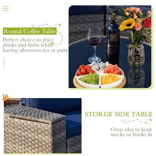 ECOTOUGE 7 Piece Outdoor Half Moon Furniture, Wicker Patio Sectional Conversation Set with 2 Storage Armrests and Circle Glass Table, Gray Rattan Curved Sofa for Garden, Balcony and Back Yard (Blue)