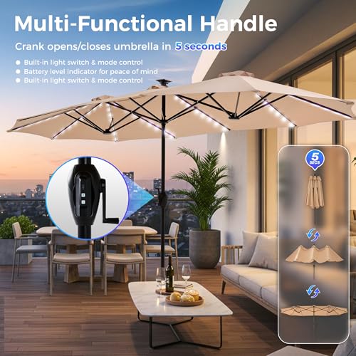 SUPERJARE 13ft Outdoor Patio Umbrella with Solar Lights, Double-sided Deck Pool Umbrella with 1.5 Inch Pole, Fade Resistant Canopy, 12 Sturdy Ribs, for Porch, Market, Backyard, Beige (No Base)