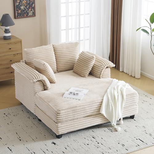 VINGLI 56" Oversized Chaise Lounge Chair, Beige Comfy Corduroy Chaise Sofa Recliner Bed Upholstered Sleeper Couch Bed with Throw Pillows and Armrests for Living Room, Movie Room, Bedroom