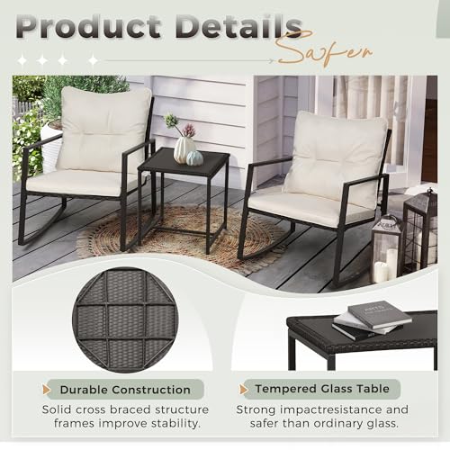 SUNCROWN 3 Piece Outdoor Rocking Bistro Set Black Wicker Furniture Porch Chairs Conversation Sets with Glass Coffee Table, Beige