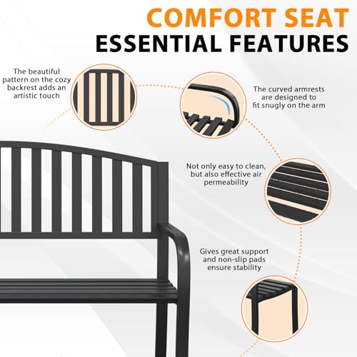 Xalvora Outdoor Bench Garden Bench, 50" Anti-Rust Patio Bench Clearance, Iron Metal Frame Outdoor Benches Weatherproof for Front Porch, Yard, Lawn, Deck