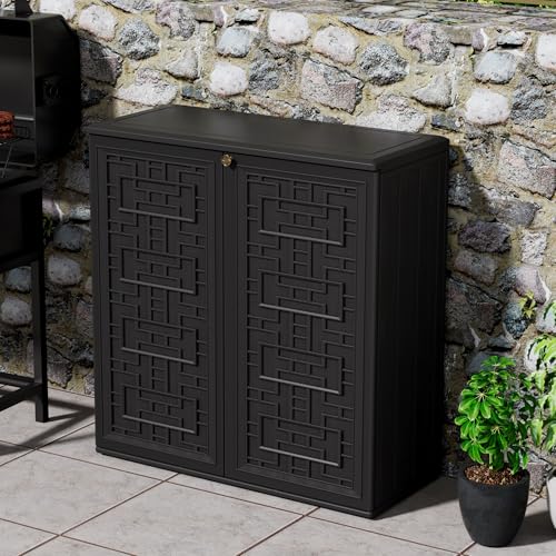Mrosaa Outdoor Storage Cabinet Waterproof with Shelf,Resin Storage Sheds Outdoor Cabinets for tub Towels/Chemicals/Grill Items/Patio/Garden/Backyard, Size 34.3''L*15''W*36.2''H（Black）