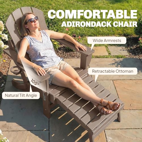 Outsunny Folding Adirondack Chair Set of 2, Outdoor HDPE Fire Pit Chair with Retractable Ottoman, Cup Holder and Large Seat for Deck, Garden, Backyard, Brown