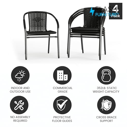 Flash Furniture Lila Modern Rattan Indoor/Outdoor Stackable Dining Chairs, Stacking Rattan Bistro Chairs for Patio or Restaurant, Set of 4, Black