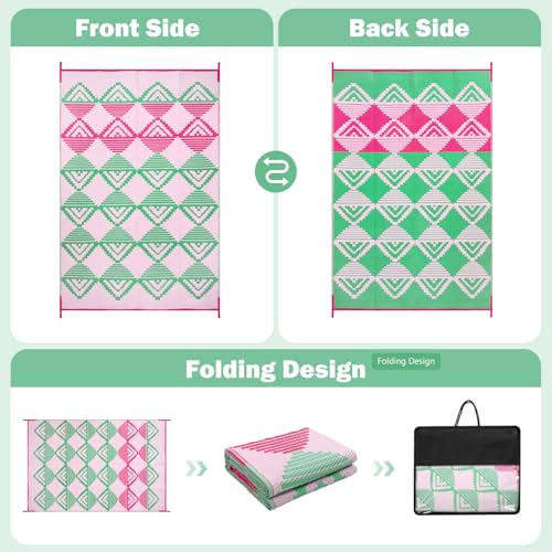 Lahome Waterproof Outdoor Rug 8x10, Reversible Outdoor Plastic Straw Rug for Patios, Outside RV Mat Carpet for Deck Porch Backyard Balcony Picnic Trailer (Pink/Green, 8' x 10')
