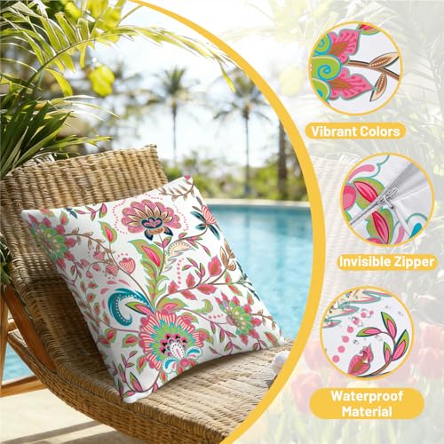 NIGHTWISH Outdoor Waterproof Pillow Covers 18x18 Set of 4 Spring Summer Floral Boho Decorative Outdoor Throw Pillows Paisley Cushion Cases for Patio Furniture Bench Couch Sunbrella