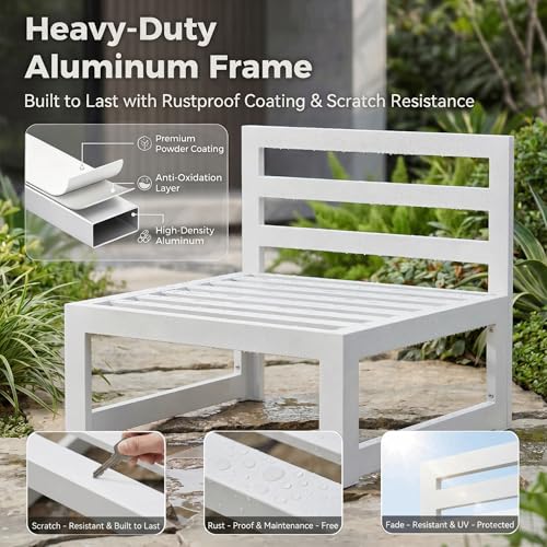 NICESOUL 7 Piece White Powder-Coated Aluminum Patio Furniture with Fire Pit Table, 29 Inch Extra Wide Outdoor Sectional Sofa for 6, High-End Heavy Duty L-Shaped Large Couch for Backyard, Light Gray
