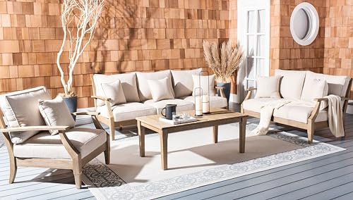 SAFAVIEH Couture Outdoor - Martinique Armchair - Natural & Beige - Solid Wood - Slatted Coastal Design - Ideal for Patio, Deck, Porch, Backyard, 18.3" Seat Height (CPT1011A)
