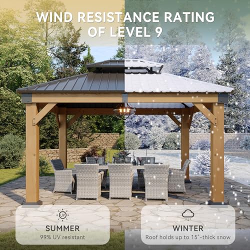 Aoxun 10' x 12' Outdoor Wood Gazebo, Hardtop Gazebo Permanent Wooden Pavilion with Galvanized Steel Double Roof, for Patio, Garden, Deck, Cedar Wood, Natural