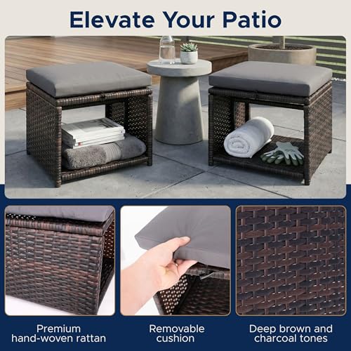 EZ Pro Goods Outdoor Storage Ottoman (Set of 2) - All-Weather Wicker Patio Footstool with Washable Cushions - Sturdy Rattan Foot Rest & Hidden Box for Deck, Porch, Backyard & Balcony
