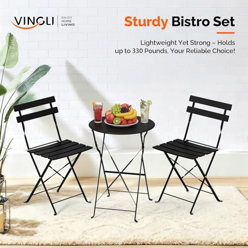 VINGLI Outdoor Folding Bistro Table and Chairs Set of 2, 3-Piece Bistro Set with Premium Steel Frame for Patio, Balcony, Garden, Porch, Yard, Black