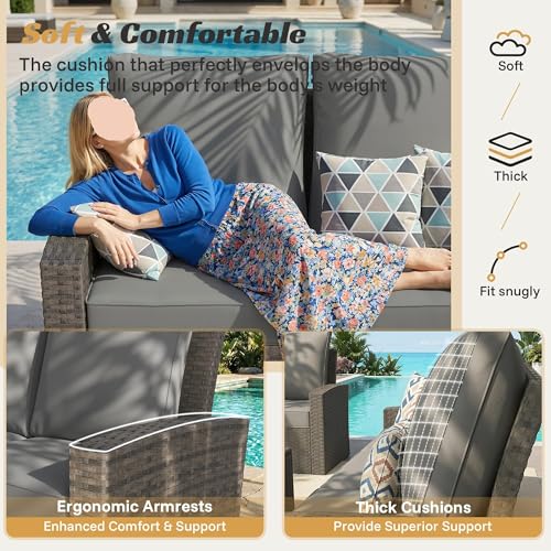 Outdoor Patio Furniture Set 6 Piece Wicker Rattan Sectional Sofa Conversation Sets with Adjustable Recliner Chairs and Storage Coffee Table for Backyard Porch Balcony Garden Deck(White)