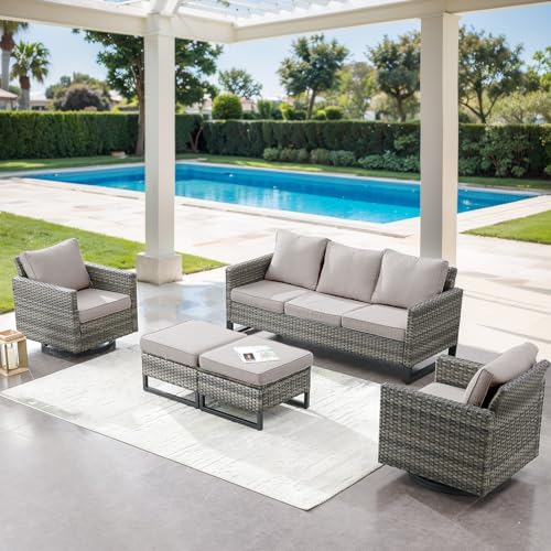 Artfurniz 5 Piece Wicker Patio Furniture Set - Outdoor Swivel Rocker Chairs Set with 3 Seat Sofa and Ottomans, Small Patio Conversation Sets Proch Furniture for Balcony Deck - Grey/Beige