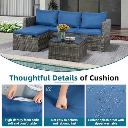 SUNLEI Small Outdoor Sofa Patio Furniture Set with Detachable Cushions, 3 PCS Patio Sectional Sofa with Coffee Table & 5 Position Adjustable,PE Rattan Patio Conversation Set, Silver Rattan/Royal Blue