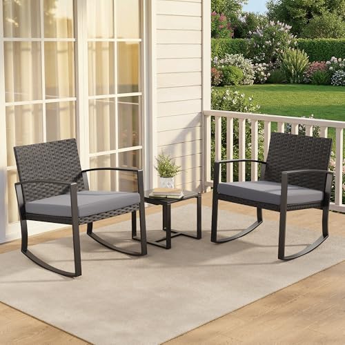 Qsun 3 Pieces Patio Furniture Set Rocking Bistro Set Outdoor Rattan Conversation with Coffee Table for Garden Balcony Backyard Poolside (Grey Cushion)