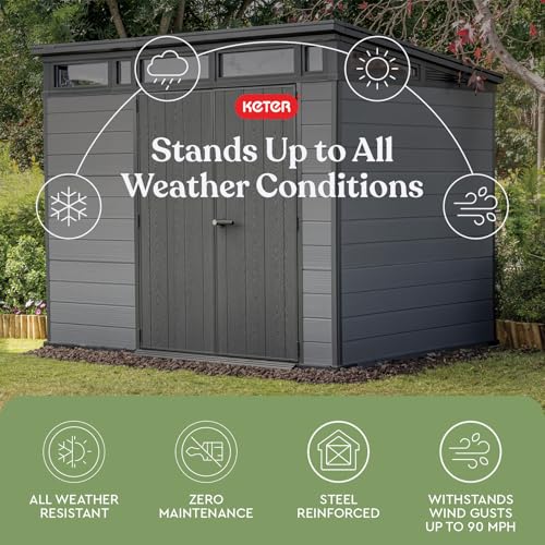 Keter Cortina 9x7 Ft All-Weather Storage Shed with Skylight, Window, Built-in Ventilation, Customizable Walls, & Lockable Double Doors, Graphite