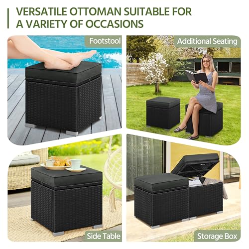 Yaheetech Wicker Ottomans, Set of 2 Patio PE Rattan Side Tables with Hidden Storage & Removable Cushion, Outdoor/Indoor Footstools, Additional Seating for Garden/Balcony/Yard, Black/Gray