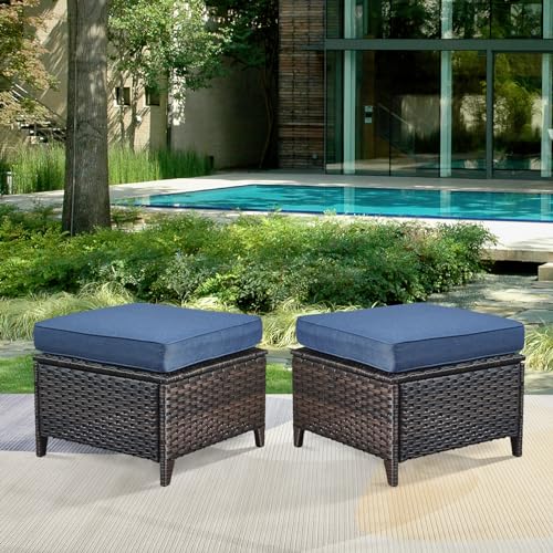 Bellefurn Patio Ottomans Set of 2 Outdoor Ottomans Wicker Foot Stools 2 Piece Footrest PE Rattan Ottomans with Thickened Cushions for Patio Garden Porch Balcony Poolside Deck, Brown|Blue