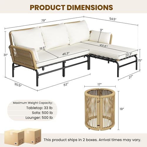 Yaheetech 3 Pieces L-Shaped Conversation Sofa Set, Outdoor Patio Furniture Set w/Detachable Lounger, Thick Cushions, Glass Side Table for Patio, Backyard, Porch, Garden