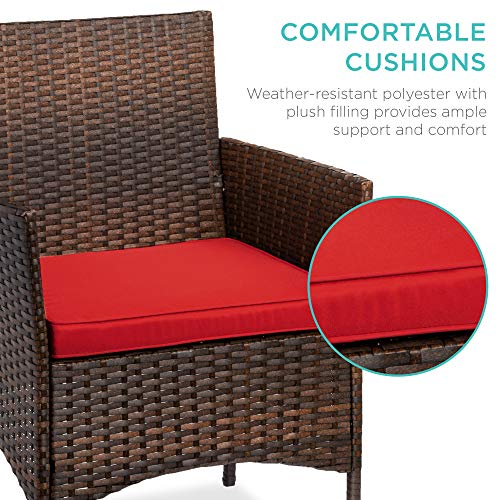 Best Choice Products 3-Piece Outdoor Wicker Conversation Bistro Set, Space Saving Patio Furniture for Garden w/Side Table - Brown/Red