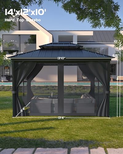 GarveeLife 12 ft x14 ft Hardtop Gazebo for All Weather, with Double Metal Roof, Aluminum Alloy Frame, Net, and Curtain, Permanent Building for Patio, Deck, Backyard, Lawn, and Garden, Gray