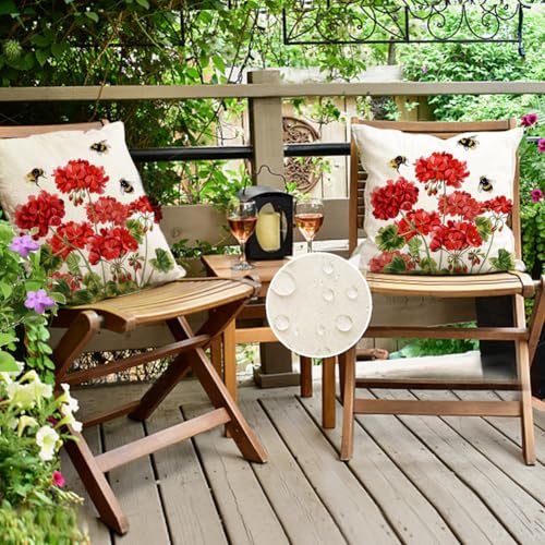 RABUSOFA Spring Summer Outdoor Geranium Pillow Covers 18x18 Inch Set of 2 Waterproof for Outside, Red Bee Holiday Farmhouse Seasonal Indoor Cushion Cases Decoration for Patio Furniture