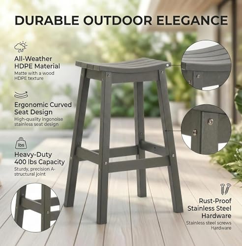 AMILY HDPE Bar Stool Set of 2, Outdoor Bar Height 29‘’, Heavy Duty All-Weather Patio Stool for Poolside, Backyard, Balcony, Easy Assembly (Grey)