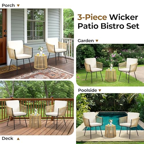 Yaheetech 3 Piece Patio Rattan Bistro Set, Outdoor All Weather PE Wicker Conversation Furniture Set with 2 Chairs & Tempered Glass Top Table & Cushions, for Poolside/Porch/Garden/Yard, Tan/Cream