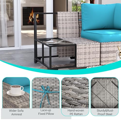 Muphyers 15-Piece Outdoor Patio Furniture Set with Rocking Swivel Chair Wicker Sectional Sofa Set, Patio Conversation Set with Thickened Cushions & Coffee Table for Garden, Backyard, Turquoise