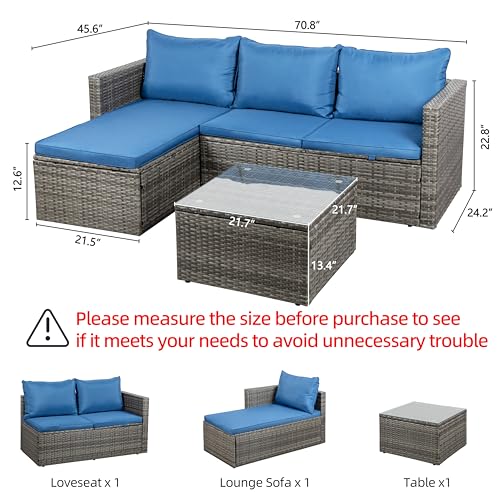 Shintenchi Outdoor Patio Furniture Sets, Small Outdoor Sofa Patio Sectional Sets 3-Piece All Weather Wicker Rattan Seating Sofas with Glass Coffee Table and Cushion (Blue)
