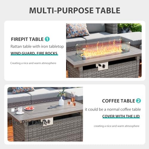 44" Fire Pit Table with Wind Guard for Outdoor, Auto-Ignition Propane Gas Firepits Rattan Rectangular Table for Outside Patio 60,000 BTU, Gray