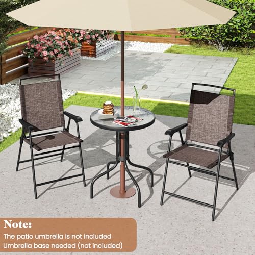 Goplus Patio Bistro Set, 3-Piece Patio Dining Furniture Set with Round Tempered Glass Table, 2 Foldable Chairs, Small Outdoor Folding Chairs & Table Set for Porch Garden Pool Yard