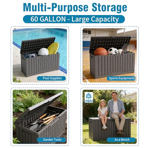 Outdoor Storage Box, 60 Gallon Waterproof Deck Box, Lockable Storage Container, Built-in Reinforcing Metal Rod Outside Resin Bin for Patio, Garden, Poolside and Garage