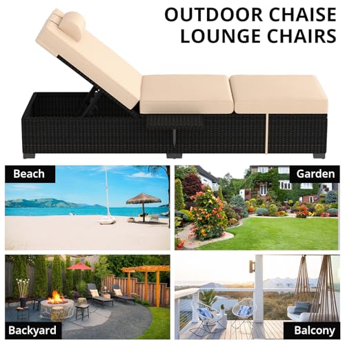 PeakPursuit Patio Lounge Chairs,Outdoor PE Wicker Chaise Lounge Set of 2,Chaise Lounge Chair Outdoor，Pool Furniture,Brown Rattan Recliners with Adjustable Backrest,Storage Table,Beige