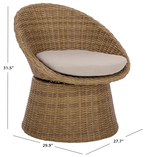 SAFAVIEH Outdoor Patio Furniture Collection – Drew Natural Rattan Swivel Barrel Chair with Taupe Cushion (PAT7543A)