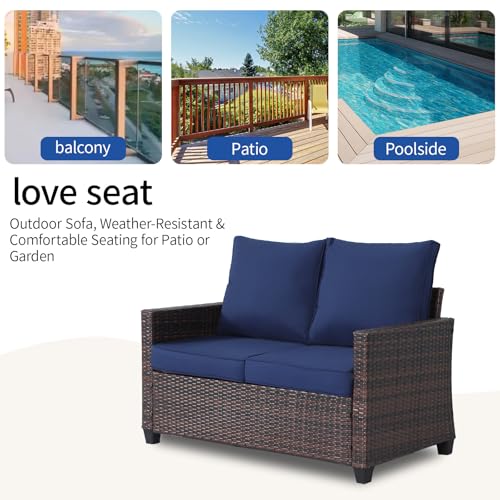 EortheX Outdoor Patio Loveseat,All-Weather Wicker Loveseat with Cushions – Rattan Outdoor 2 Person Sofa Furniture for Garden, Balcony, and Deck,Sectional Patio Love seat Sofa Set - Blue