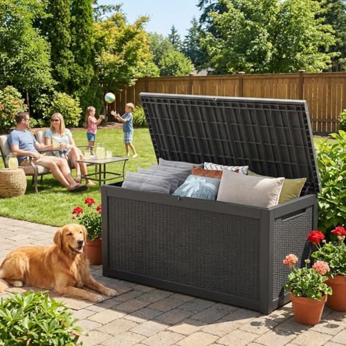 PATIOEASY Outdoor Storage Box 325GAL Waterproof Resin Deck Box,Pool Accessories Supplies，UV-Resistant Lockable Package Delivery Bin for Garden Tools,Large Patio Outside Cushions,Chest,Furniture,Black