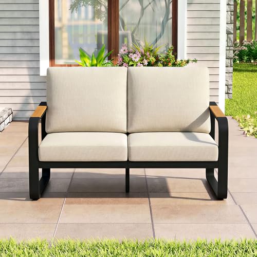 Tribesigns Outdoor Loveseat with Tall Back & Oversized Seat, Modern Metal Frame Patio 2-Seater Sofa with 6'' Thick Cushions, All-Weather Conversation Sofa for Backyard, Porch, Balcony, Poolside, Beige