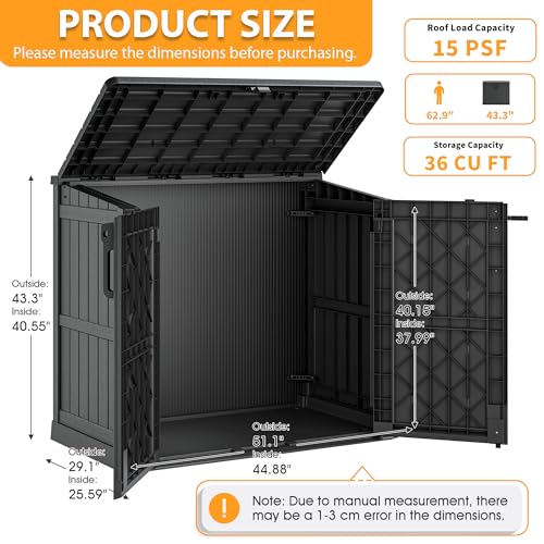 LHBcraft Outdoor Storage Cabinet 36 Cu Ft with Lockable Doors, Portable Horizontal Resin Storage Shed - Easy to Assemble, Waterproof Small Storage Shed with Floor Black