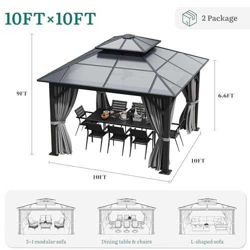 YITAHOME 10x10FT Gazebo Polycarbonate Hardtop Double Roof Canopy Outdoor with Netting and Shaded Curtains, Metal Frame Garden Tent for Patio, Backyard, Deck and Lawns, Grey