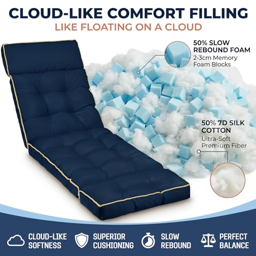 MAGIC ELEPHANT Chaise Lounge Cushion Outdoor, Memory Foam Replacement Patio Pool Lounge Chair Cushion with Ties for Outdoor Furniture, 74 x 22 x 4 Inch (Oxford Blue)