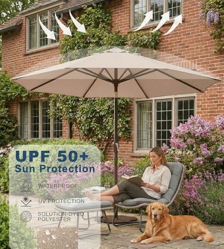 PatioKingdom 9FT Patio Outdoor Umbrella-UPF 50+ Sun Shade with Wind Vent, Push-Button Tilt & Smooth Crank Lift, Rust-Resistant Fiberglass Frame for Garden, Backyard,Yard (Beige)